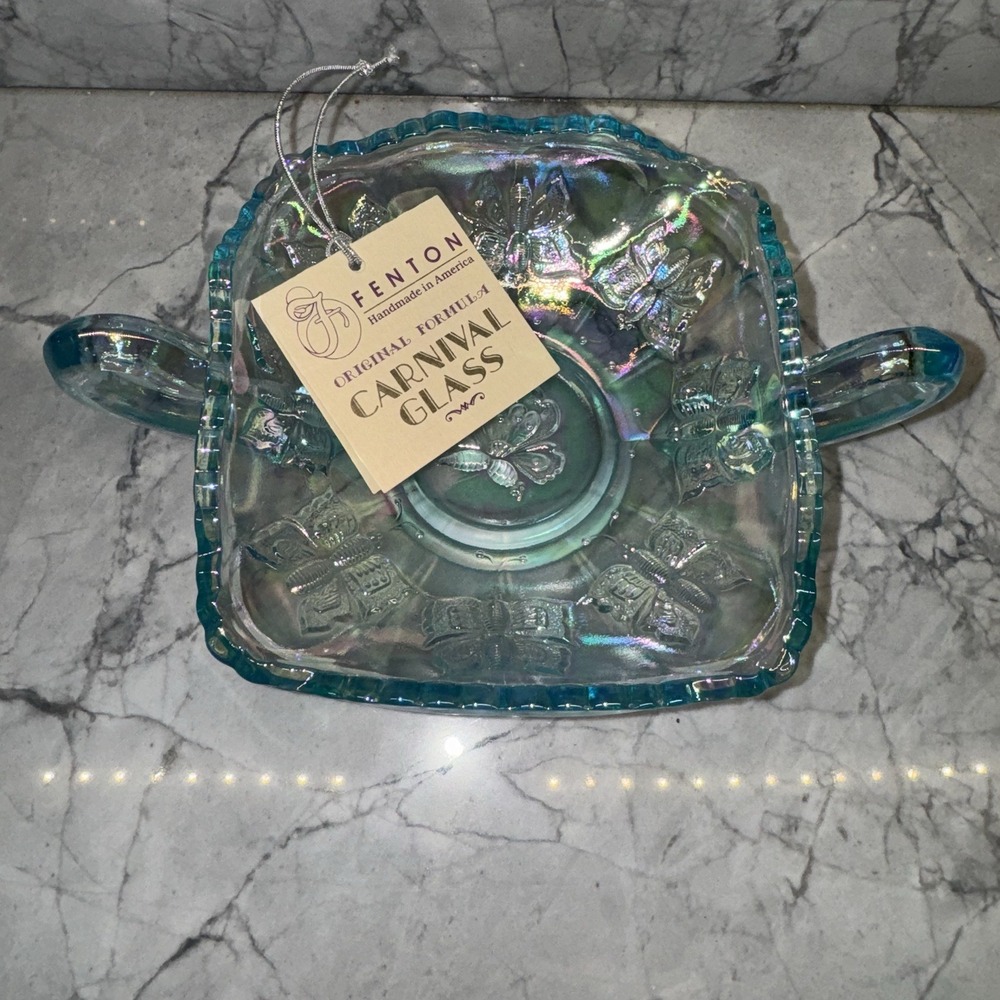 Fenton Blue Butterflies Carnival Glass Handled Bon Bon Candy Dish New